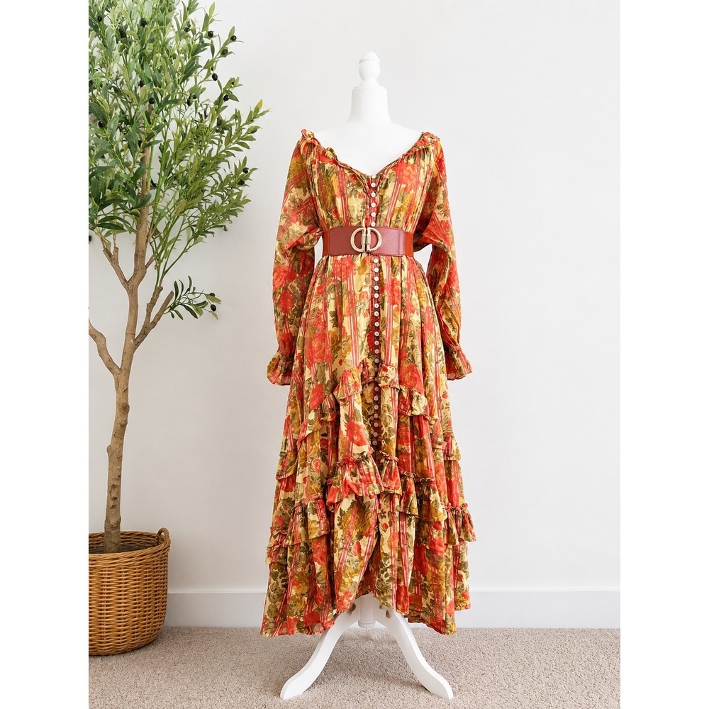 Floral  Tiered Ruffle Maxi Dress Boho Button Down Long Sleeve